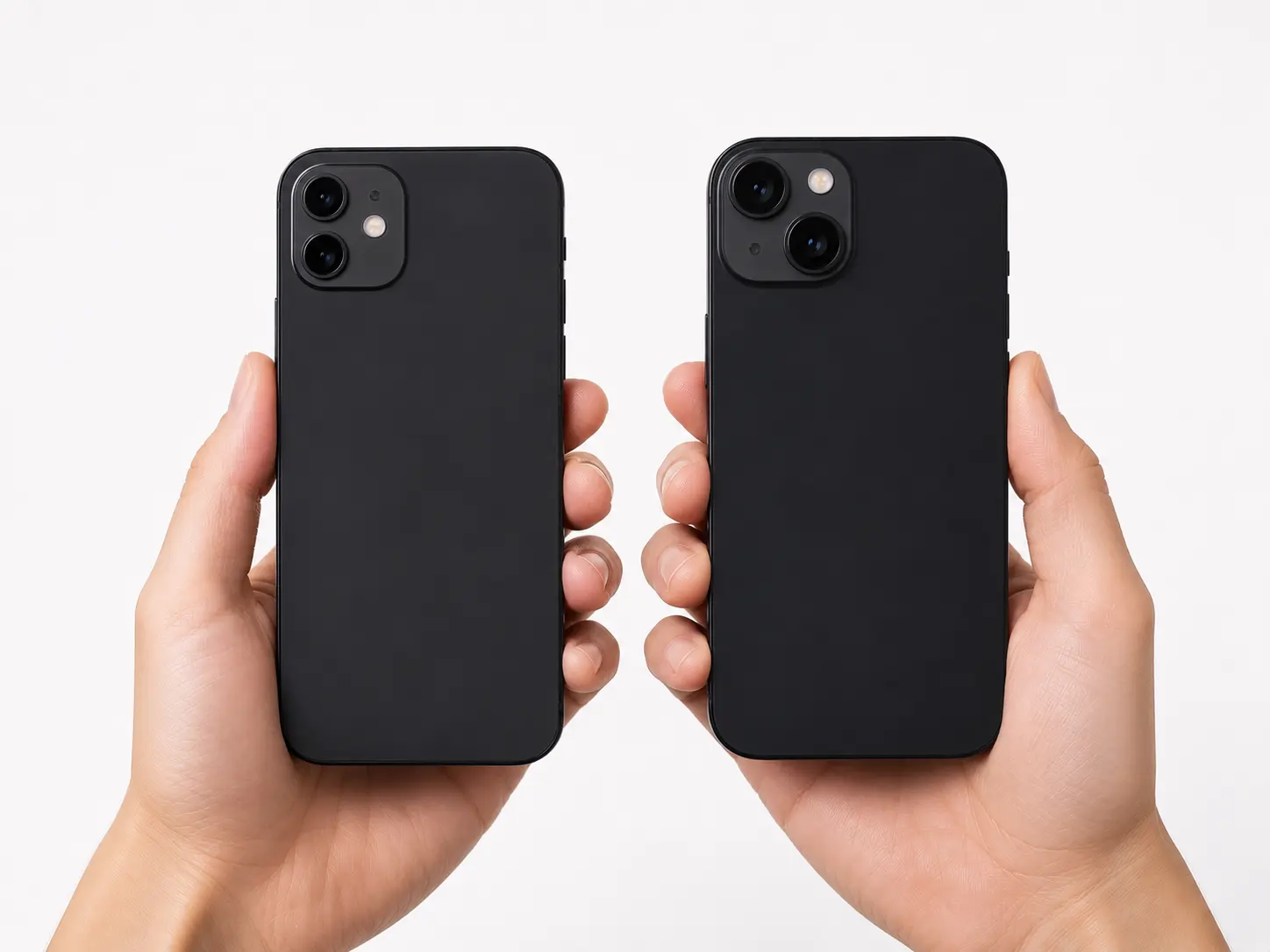 iPhone 12 vs iPhone 13 — dve ruke drže oba modela sa leđa, poređenje kamera