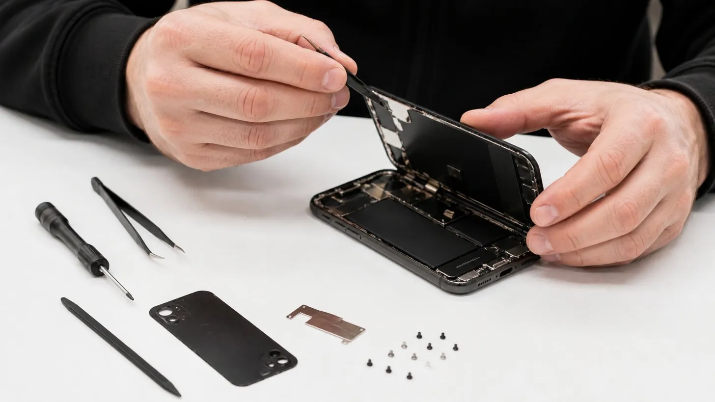 Tehničar rastavlja iPhone — refurbishing proces, cirkularna ekonomija u praksi