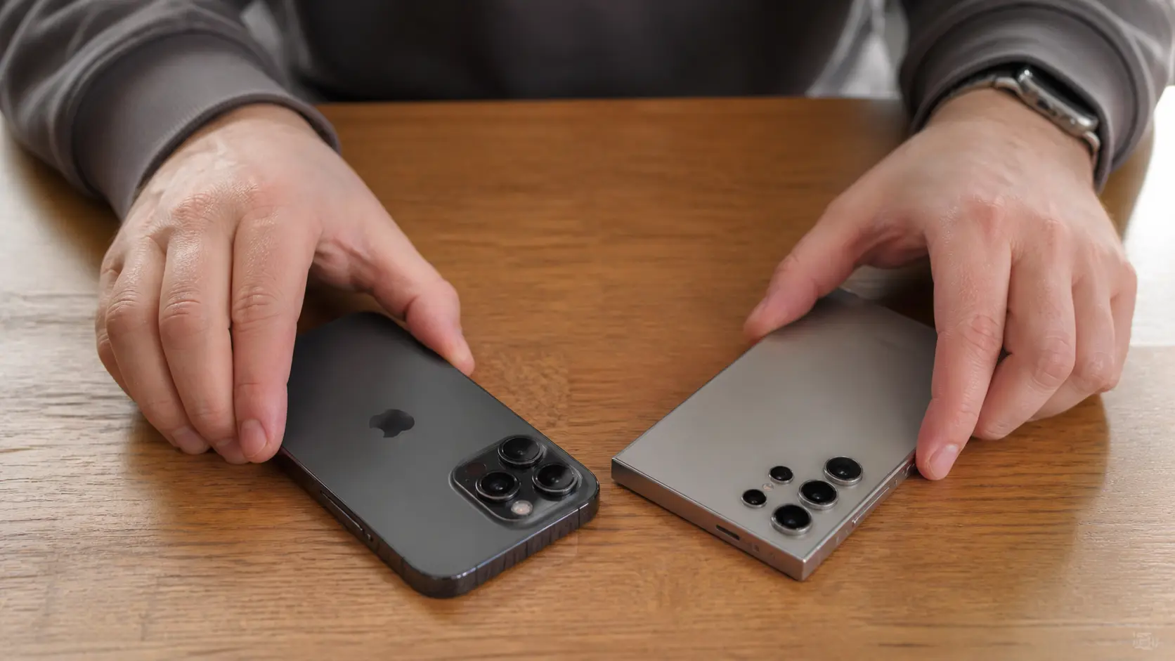 iPhone 15 Pro i Samsung Galaxy S24 Ultra na drvenom stolu pored novčanica — otkup telefona