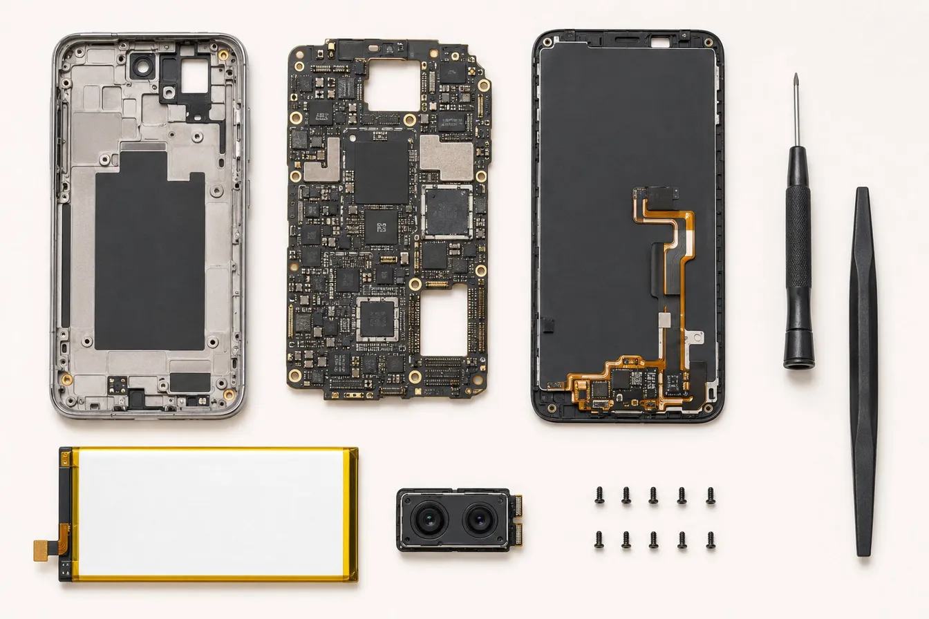Refurbished telefoni i ekologija — telefon okružen biljkama i recycle simbolom