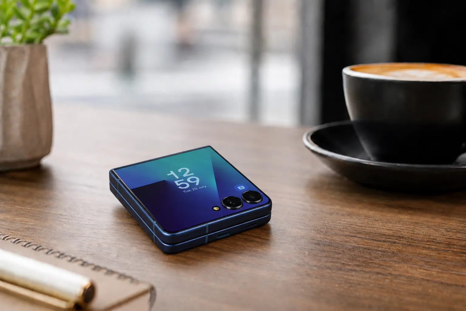 Samsung Galaxy Z Flip 7 sklopivi telefon na stolu u kafiću