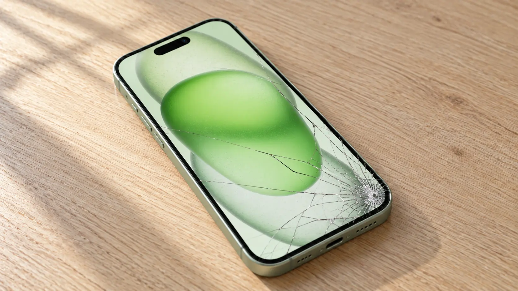 Zeleni iPhone 15 sa napuklim staklom ekrana