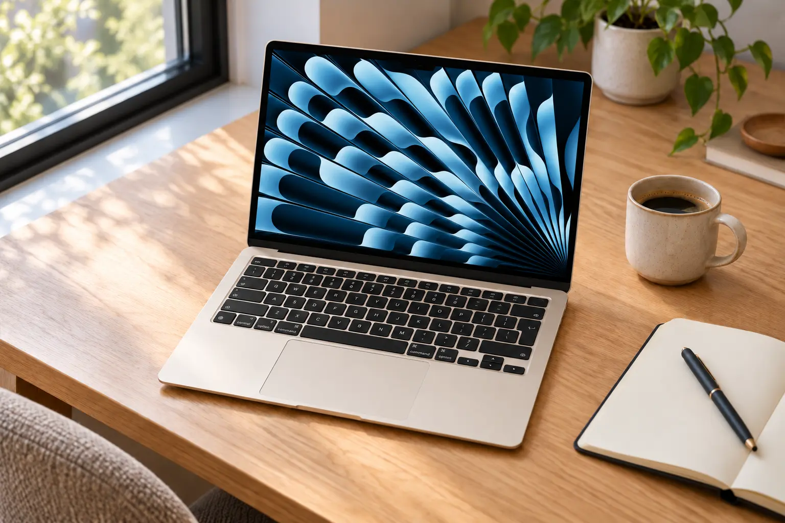 MacBook Air na drvenom radnom stolu pored sveske i šoljice kafe