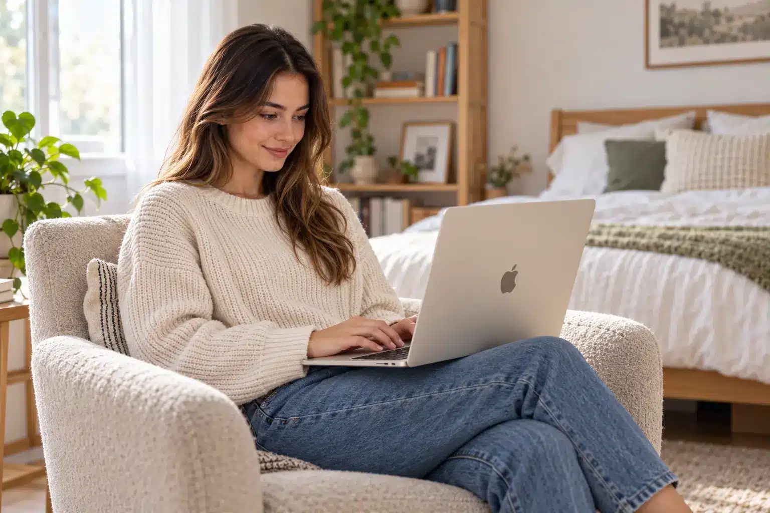 Devojka opušteno sedi u fotelji i radi na MacBook laptopu u svojoj sobi