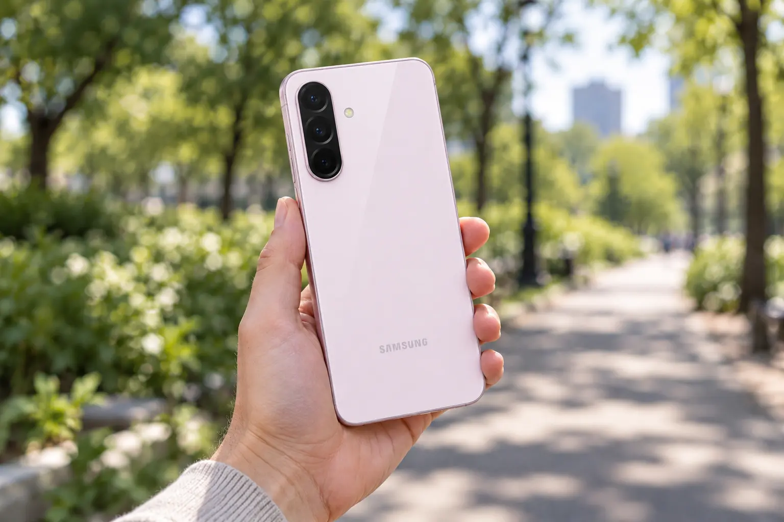 Roze Samsung Galaxy A56 u ruci sa zelenilom i stazom u pozadini