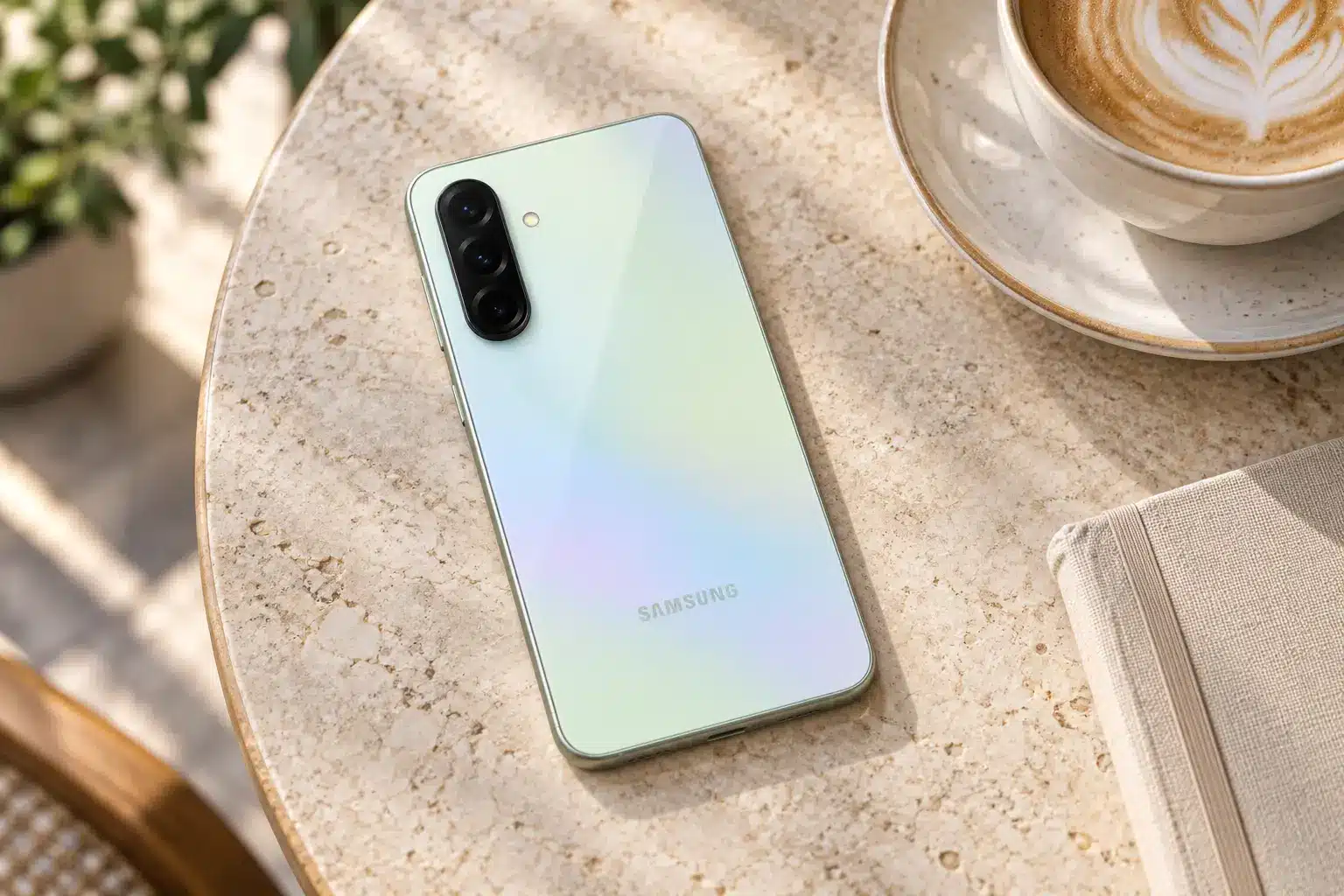 Svetlozeleni Samsung Galaxy A36 na kamenom stolu pored šoljice kafe