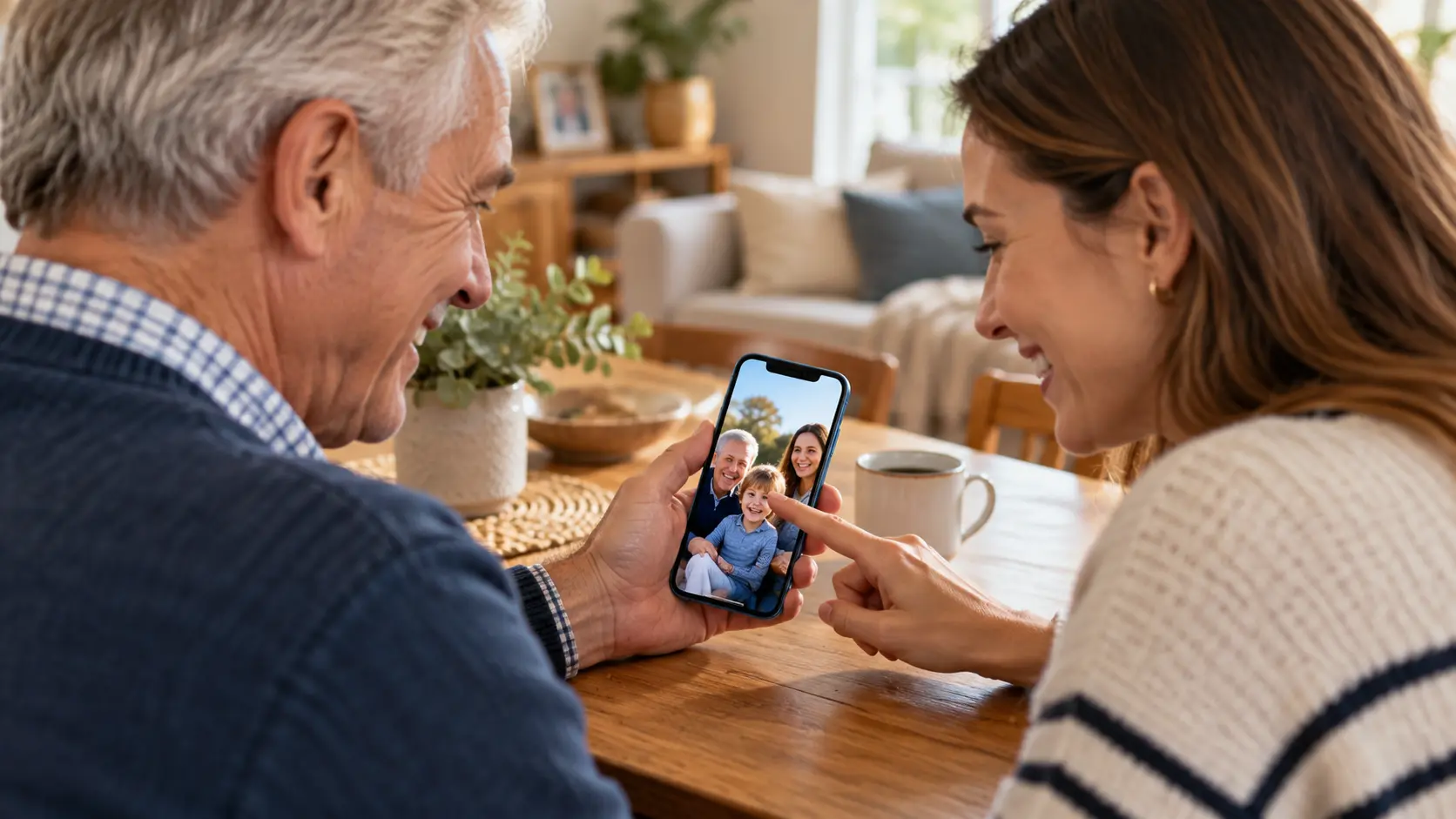 Stariji muškarac i ćerka gledaju porodične fotografije na iPhone 13 telefonu