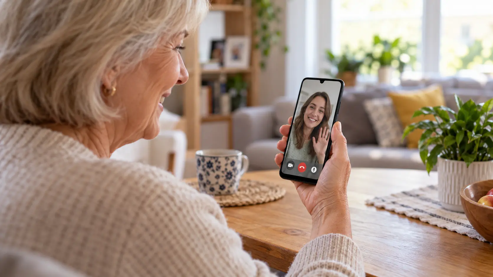 Starija žena koristi Samsung Galaxy A33 5G za video-poziv sa porodicom