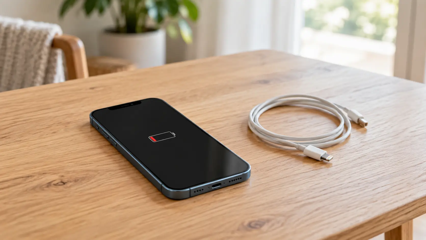 iPhone 13 sa prikazom prazne baterije na stolu pored kabla za punjenje