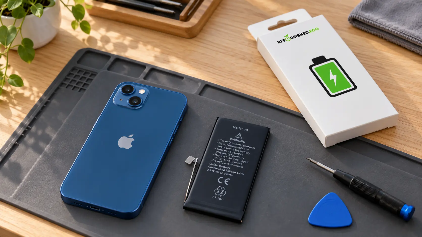 Zamena baterije iPhone 13: telefon na servisnom stolu uz zamensku bateriju i alat